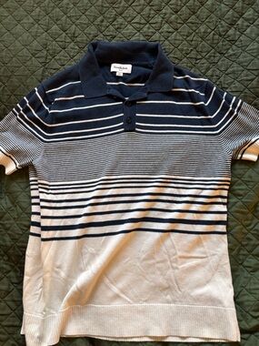 Goodfellow & Co Navy and White Striped Short-Sleeve Polo